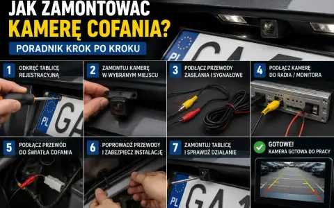 Instrukcja montażu kamery cofania na tylnej szybie: odkręcanie tablicy, mocowanie kamery, podłączanie przewodów zasilania i sygnału do radia/monitora, podłączenie do światła cofania, prowadzenie przewodów i sprawdzenie działania.