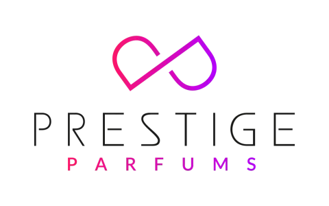 Logo luksusowe marki Prestige Parfums. Symbol nieskończoności w gradientach różu i fioletu nad napisem.