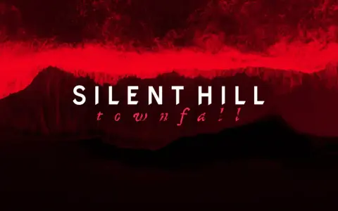 Napisy "SILENT HILL townfall" na tle czerwonych fal i mrocznych gór.