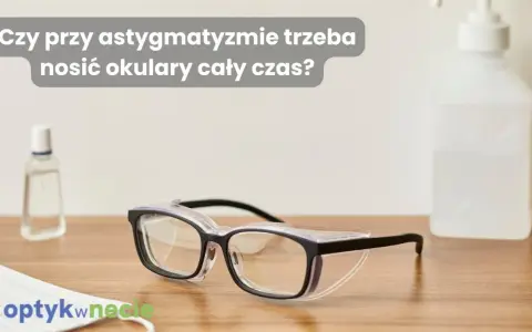 Okulary ochronne na drewnianym blacie, obok płynu do dezynfekcji i maseczki. Czy przy astygmatyzmie trzeba nosić okulary cały czas?