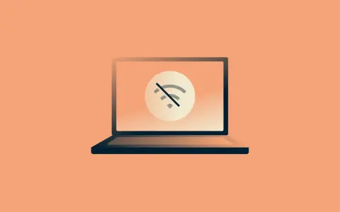 Laptop z ikoną braku połączenia Wi-Fi. Dowiedz się, jak sprawdzić kartę sieciową, gdy internet nie działa.