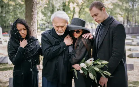 Smutna rodzina w czarnych strojach na cmentarzu. Wskazówki, jak ubrać się na pogrzeb: elegancja i powaga.