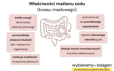 Maślan sodu: źródło energii dla komórek jelitowych, wspiera prawidłowe wypróżnianie i równowagę mikroflory. Działa przeciwzapalnie i blokuje wzrost komórek nowotworowych.