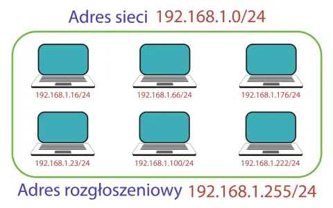 Sześć laptopów w sieci, każdy z adresem ipv4, np. 192.168.1.16/24. Sieć 192.168.1.0/24, adres rozgłoszeniowy 192.168.1.255/24.