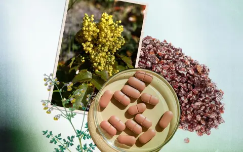 Berberina para adelgazar: extracto de planta amarilla, bayas secas y pastillas en un plato.
