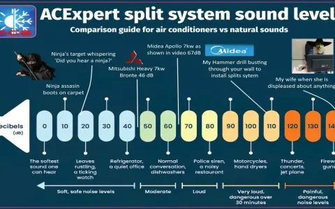 Guide comparatif des niveaux sonores : un climatiseur Midea Apollo 7kw émet 67 dB, équivalent à une conversation normale.