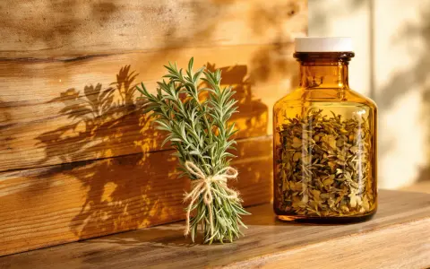 Un bouquet de romarin frais et une fiole ambrée remplie de feuilles séchées, évoquant le bienfait romarin pour la santé et le bien-être.