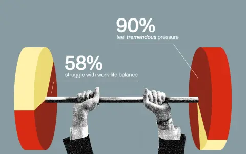 A nonprofit CEO struggles under the weight of immense pressure, with 90% feeling overwhelmed and 58% battling work-life balance.