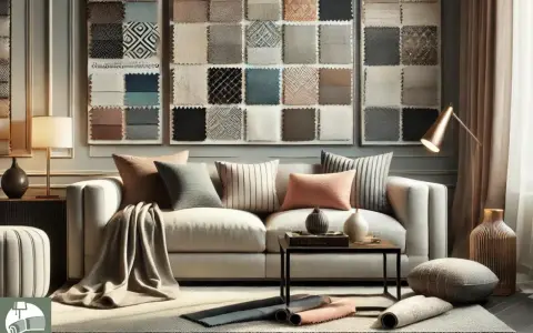 Tessuti per divano in esposizione, con campioni di texture e colori che ispirano il design d'interni.