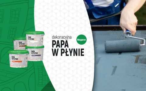 Pojemniki z dekoracyjną papą w płynie i wałek malujący dach. Dostępne kolory: ceglana, brązowa, biała, grafitowa.