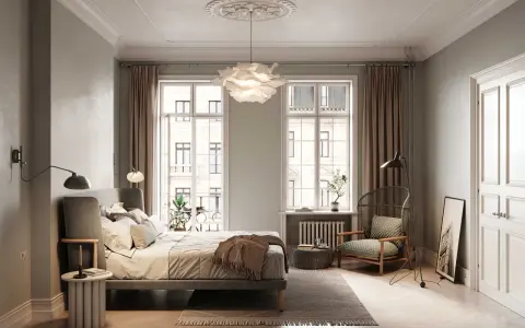 Un elegante bonsai in camera da letto, accanto a un letto accogliente e una poltrona in vimini, crea un'oasi di pace.