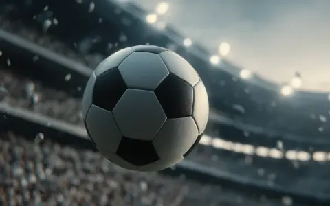 Piłka nożna w locie nad trybunami stadionu. Idealny rozmiar piłki nożnej dla 8 latka to rozmiar 4.