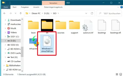 Windows 11 ISO-Datei im Ordner "D:\ISO" ausgewählt. Bereit, um TPM zu installieren.