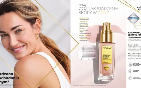 Uśmiechnięta kobieta obok buteleczki serum Avon Anew z Protinolem.