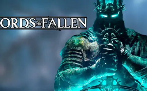 Un guerrero con armadura brillante y corona de espinas sostiene una espada. El logo "Lords of the Fallen" aparece en la esquina superior izquierda, sugiriendo un análisis del juego.