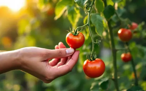 Main d'une personne cueillant une tomate mûre sur une branche. La question "faut il arroser les tomates tous les jours" flotte dans l'air.