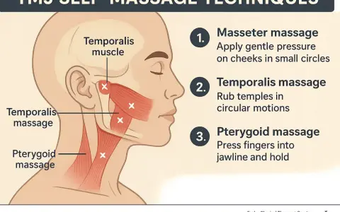 Diagram showing TMJ self-massage techniques for the face and neck, with instructions for masseter, temporalis, and pterygoid muscles.