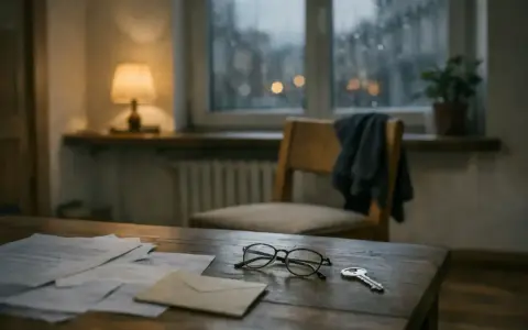 Na drewnianym stole leżą dokumenty, okulary i klucz. Może to symbolizować sprawy spadkowe, w tym zachowek od darowizny.