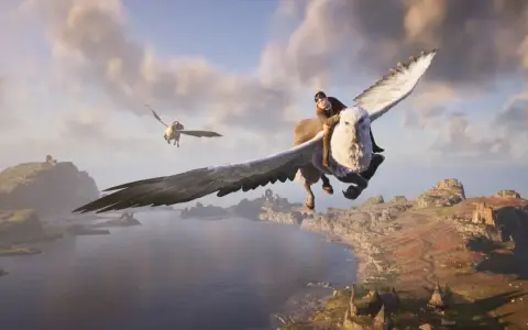 Un estudiante de Hogwarts Legacy vuela en hipogrifo, completando una misión de guardia alta sobre un paisaje costero con ruinas.