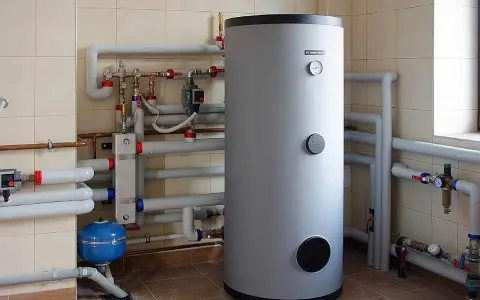 Duży, szary bojler stojący obok instalacji hydraulicznej z rurami i manometrami.