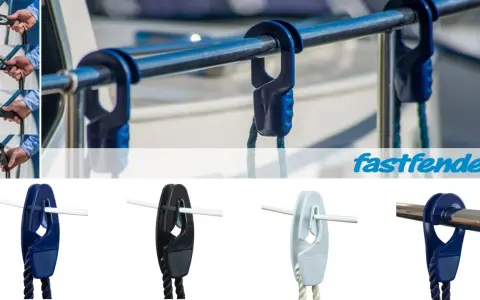 Schnelles Fender befestigen mit Fastfender-Clips. Mehrere Ansichten zeigen die einfache Handhabung und verschiedene Farben.