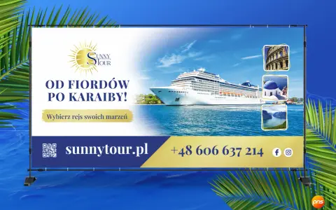 Reklama banerowa z rejsem od fiordów po Karaiby. Wybierz rejs swoich marzeń z Sunny Tour!