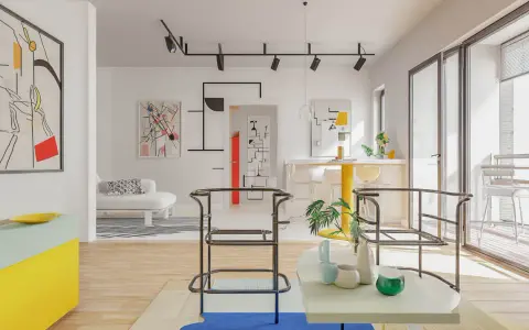 Nowoczesne wnętrze z meblami i grafikami w stylu bauhaus przykłady. Jasne kolory, geometryczne formy, minimalistyczne krzesła.