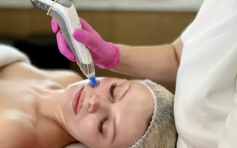 Zabieg dermapen na twarzy kobiety w ciąży, wykonywany przez kosmetyczkę w różowych rękawiczkach.