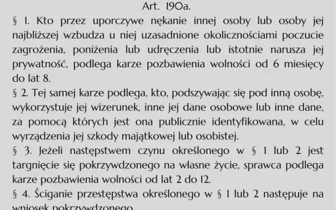 Tekst prawny Art. 190a. opisuje przestępstwo uporczywego nękania, podszywania się pod inną osobę i wykorzystywania jej danych, co może prowadzić do szkody.