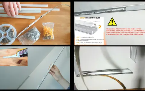 Guide pour comment installer un ruban led : profilés, bande LED, clips, vis et chevilles. Instructions pour clipser le cache.