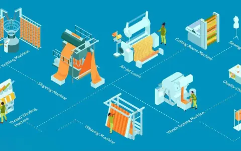 Diagrama de un erp cadenas textil: hilado, tejido, teñido, corte, confección, control de calidad y entrega.