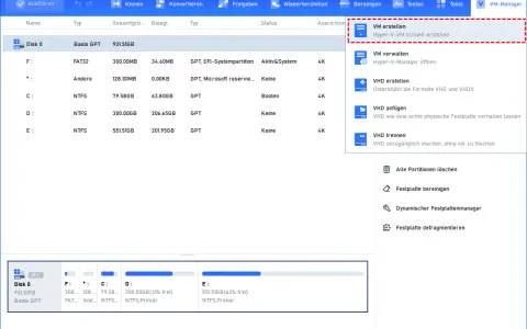 AOMEI Partition Assistant zeigt Optionen zur Verwaltung von virtuellen Maschinen, einschließlich "VM erstellen" für eine virtuelle Maschine Windows 10.
