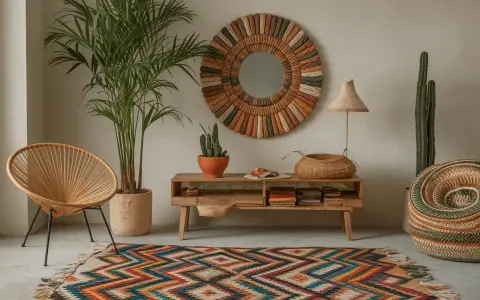 Un salon chaleureux avec une chaise Acapulco, un tapis coloré et un miroir artisanal, créant une ambiance mexicaine authentique.
