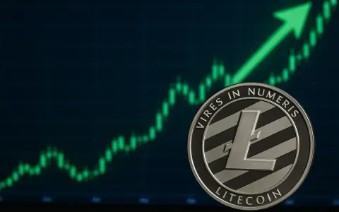 Moneta Litecoin na tle wykresu wzrostowego. Zielona strzałka w górę sugeruje optymistyczne litecoin prognozy.