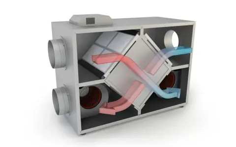 Ventilationsaggregat med FTX-installation. Visar hur varm och kall luft utbyts för energieffektivitet.