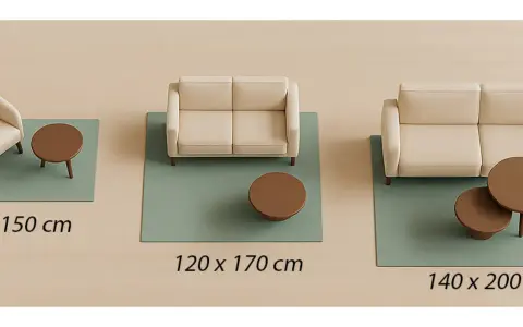 Jak dobrać dywan do kanapy? Trzy przykłady aranżacji z dywanami o różnych rozmiarach: 80x150 cm, 120x170 cm i 140x200 cm.