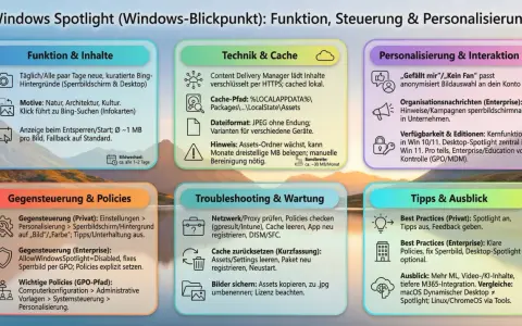 Windows Spotlight (Windows-Blickpunkt) zeigt tägliche Hintergründe, Motive & Bing-Suchen. Infos zu Technik, Cache, Personalisierung, Steuerung & Tipps.
