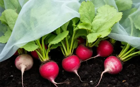 Des radis rouges et blancs, prêts à être récoltés, poussent sous un voile protecteur. Une belle réussite pour semer des radis en jardinière.