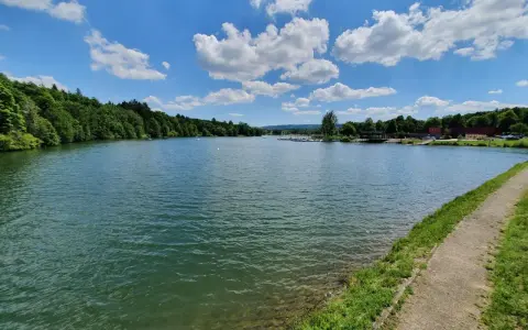 Ein sonniger Tag am Ellwanger See mit bewaldeten Ufern und einem Weg am Wasser.