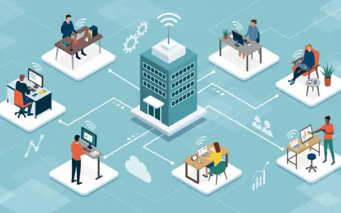 Illustration d'un bureau central connecté à plusieurs employés en télétravail. Le nombre de jours maximum de télétravail dans le secteur privé est représenté par ce réseau.