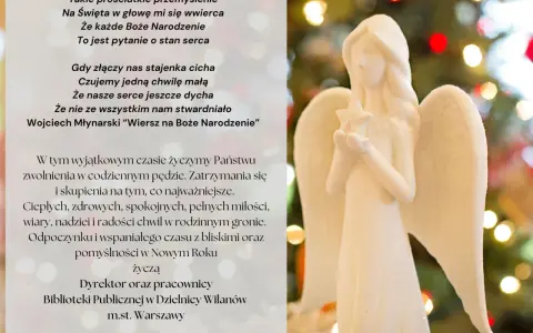 Aniołek z gwiazdką na tle choinki. Piękne wiersze na Boże Narodzenie od Biblioteki Publicznej w Dzielnicy Wilanów.