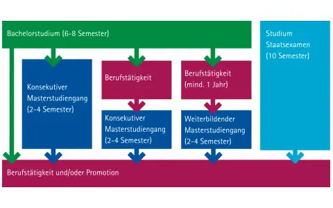 Studienverlauf: Bachelor, Berufstätigkeit, Master oder Staatsexamen (10 Semester), vergleichbar mit Bachelor.