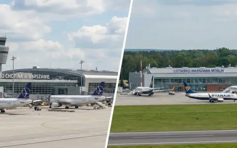 Dwa lotniska w Warszawie: Chopina z wieżą kontroli lotów i samolotami LOT, oraz Warszawa-Modlin z samolotami Ryanair.