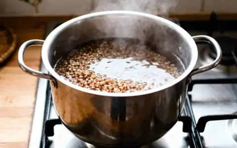 Une casserole de sarrasin bout sur la cuisinière, montrant comment cuire le sarrasin pour un repas sain.