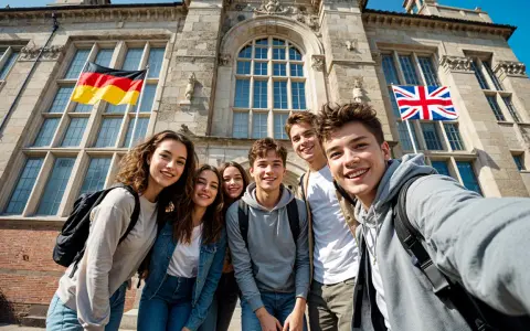 Sechs lächelnde junge Leute vor einem Gebäude mit deutschen und britischen Flaggen. Ein aufregendes Auslandsjahr in England beginnt!