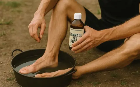 Un homme utilise un produit pour comment durcir la peau des pieds, trempant un pied dans une bassine d'eau.