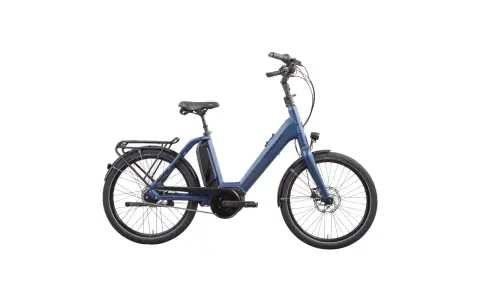 Hercules Futura Compact R8 24 Zoll: Ein schickes blaues E-Bike mit Gepäckträger und Akku, bereit für den Test.