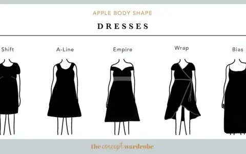 Discover the best dress for apple shape figures: Shift, A-line, Empire, Wrap, and Bias styles are illustrated.
