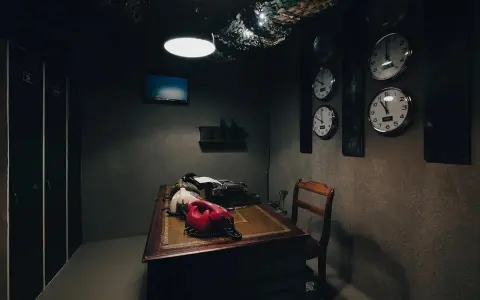 Mörkt rum med skrivbord, gamla telefoner, skrivmaskin och flera klockor på väggen. Perfekt för en spännande escape room hemma-upplevelse.