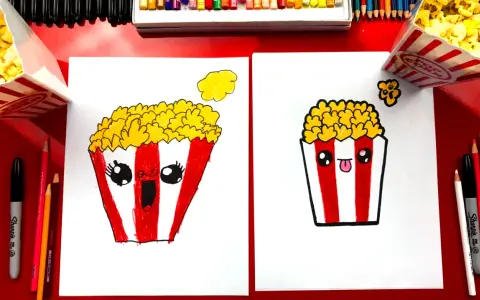 Deux adorables dessins de pop-corn, un avec une bouche ouverte et un autre tirant la langue, prêts à être colorés.